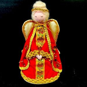 Vintage/Retro red flocked cardboard angel tree topper with satin wings , Japan